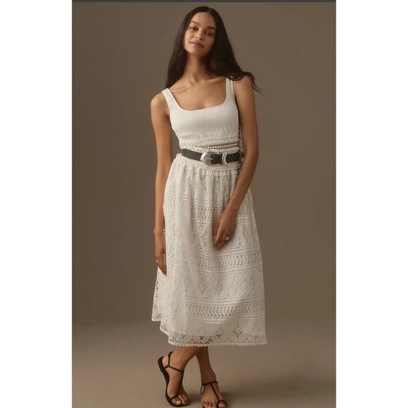 NWT Vineet Bahl Scoop-Neck White Lace Midi Dress - Large - Picture 1 of 4